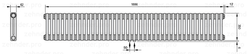 Схема (чертеж) Радиатор Zehnder Charleston 2035/41 №5410 Белый глянцевый RAL 9016